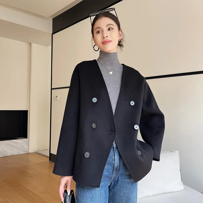 100% women\'s wool coat, double-sided, warm, high-end, loose, Korean style, short, 2024 autumn and winter new coat