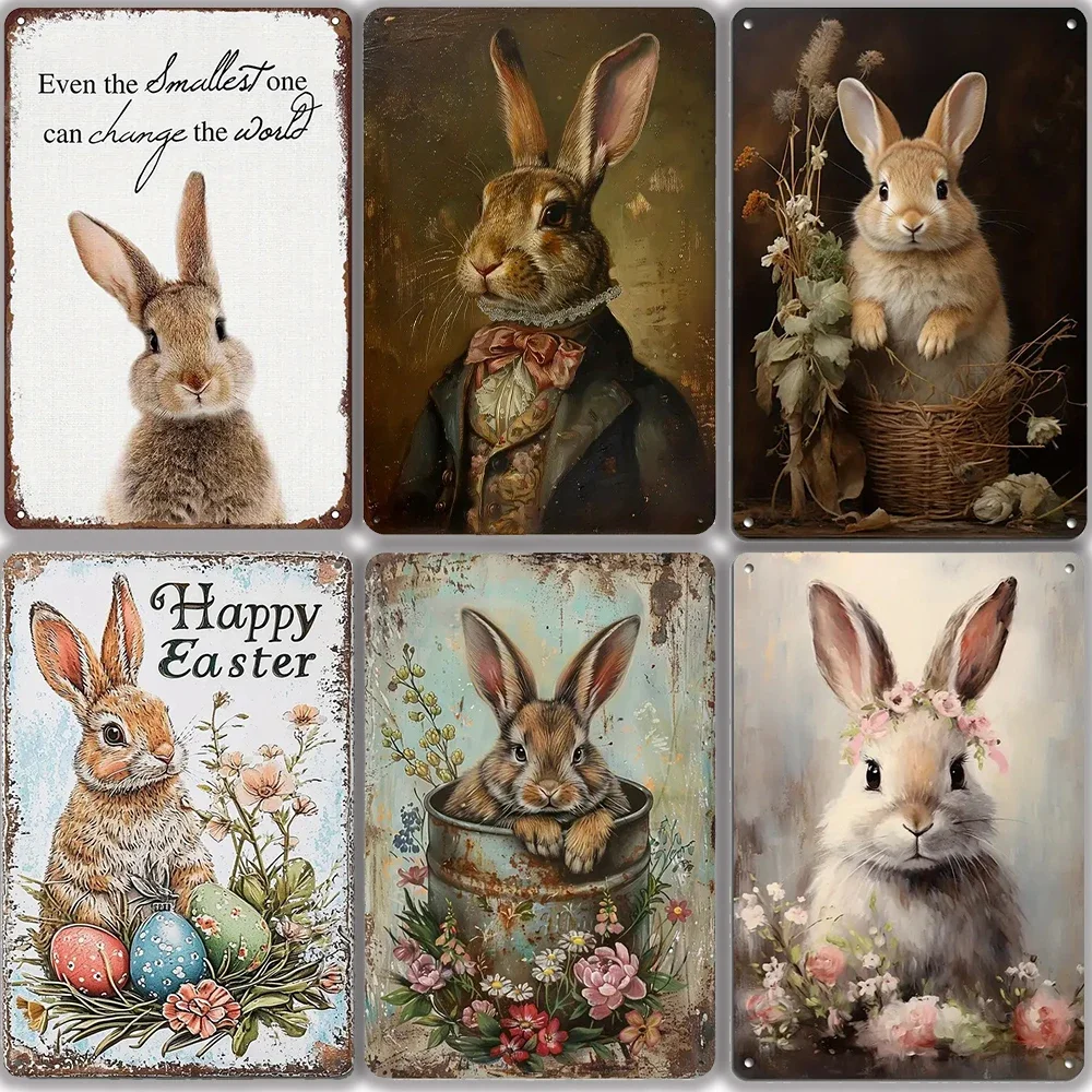 Vintage Floral Bunny in Bucket Metal Tin Sign - Shabby Chic Easter Wall Decor