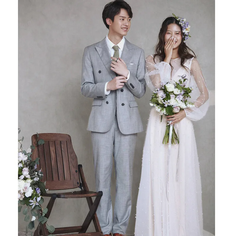 Korean A-line Bride Dress With Pearls Long Sleeve Two-piece Wedding Dress Super Fairy Simple Wedding Gown Custom Made Trouwjurk