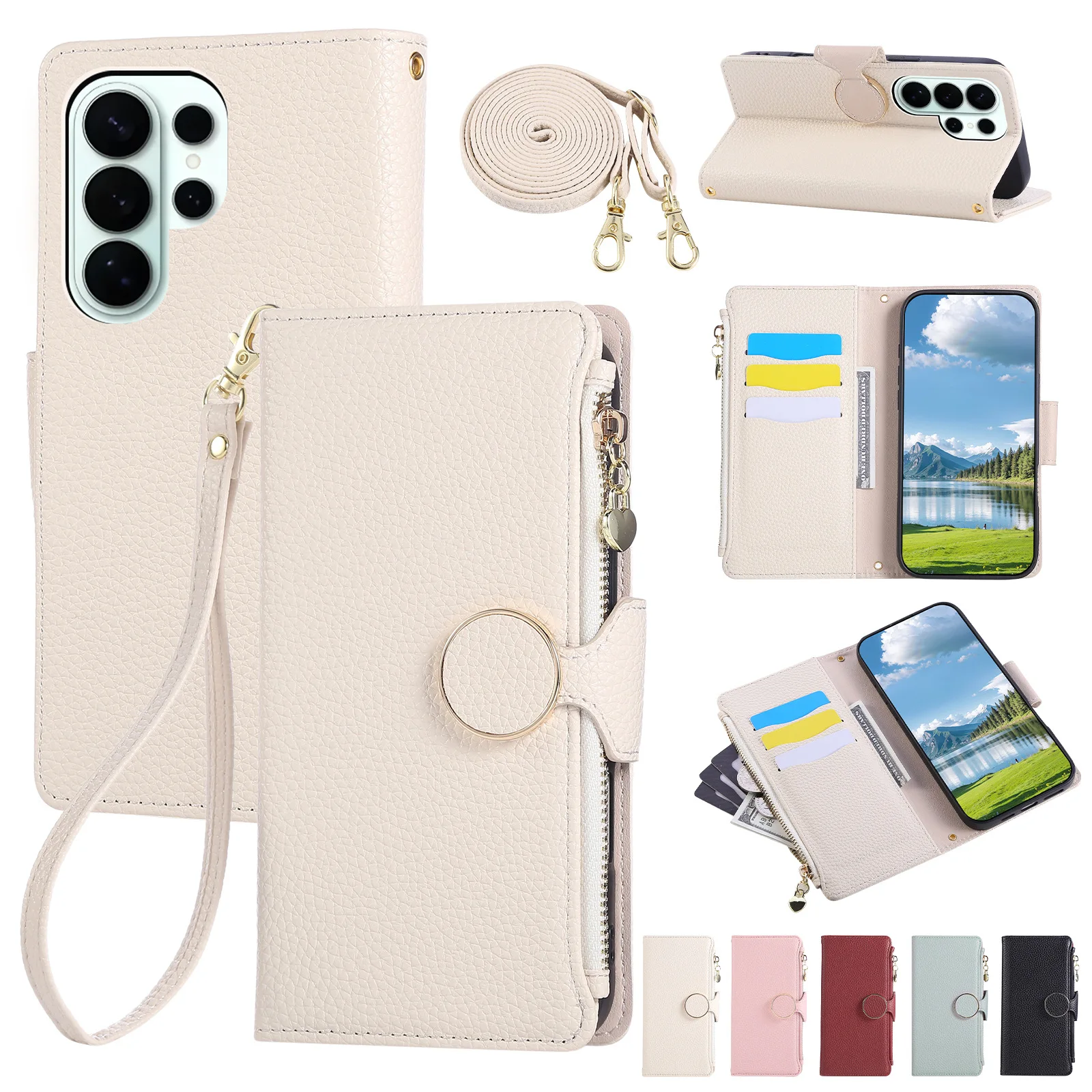 Applicable to Samsung S26 Ultra zipper wallet case. S26 women's solid color round snap cover flip-top artificial leather bag. view 4
