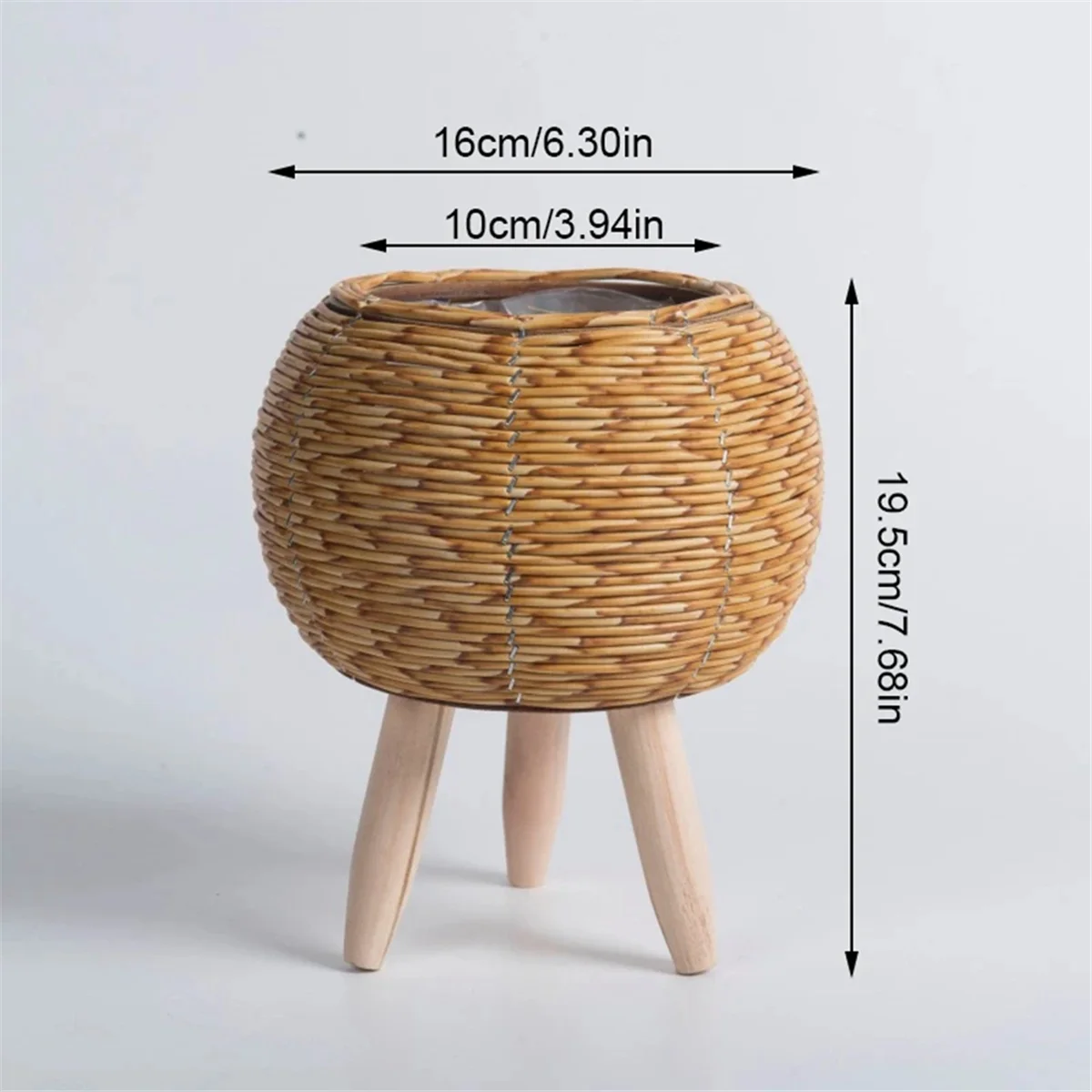 Vintage Imitation Rattan Woven Flower Shelf Planters Handmade Storage Basket with Wooden Legs Plant Pot Stand Holder,F