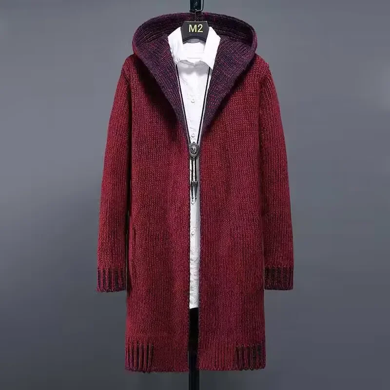 Winter New Fashion Men's Casual Trendy Long Sleeve Thicken Hooded Knitted Long Coats Male Sweater Cardigan Clothes Tops