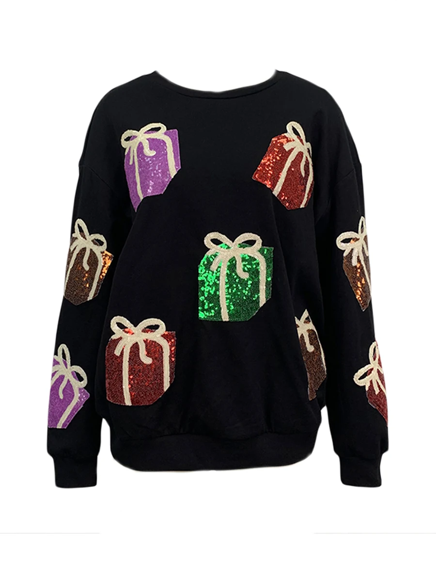 Women Glitter Christmas Sweatshirts Oversized Cute Sequin Graphic Shirts Long Sleeve Sparkly Xmas Pullover Black