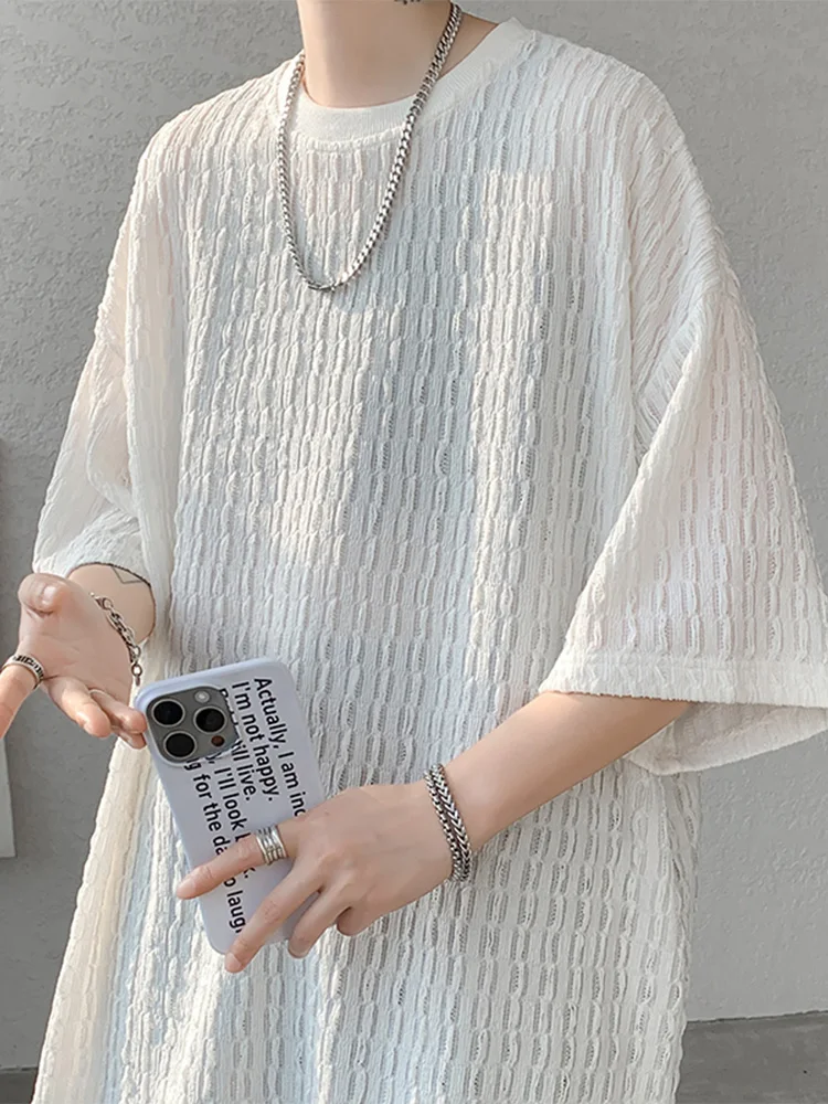 

Мужская летняя тонкая свободная футболка оверсайз из текстурированного ледяного шелка и хлопковой смеси, дышащая и комфортная