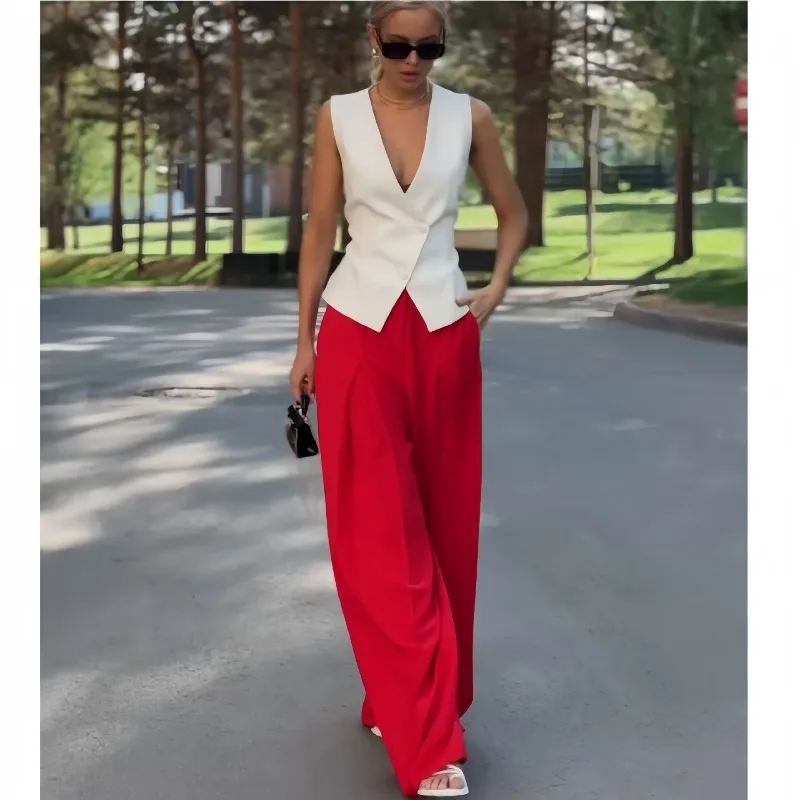 New Fashion Individual Deep V Sleeveless Top High-waisted Wide-leg Pants Two-piece Set European American Women Clothing in Stock