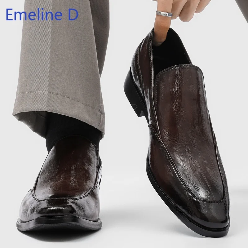 Men Square Toe Slip On Loafers Faux Leather Textured Upper Low Block Heel Formal Business Daily Wear Fashion Minimalist Footwear