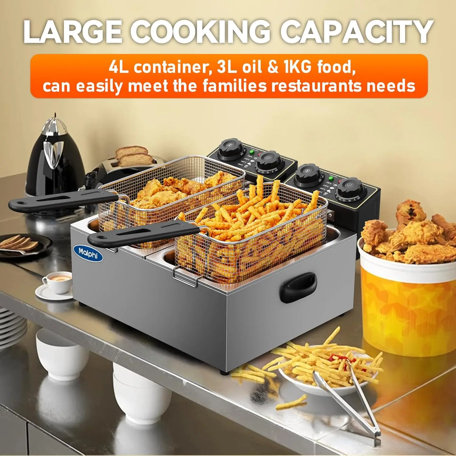 Фритюрница на 3 литра с регулируемой температурой, сковородки для стружки, корзина и крышка, высокая мощность 2000 Вт, Электрический масляный горшок, Overheat Pro
