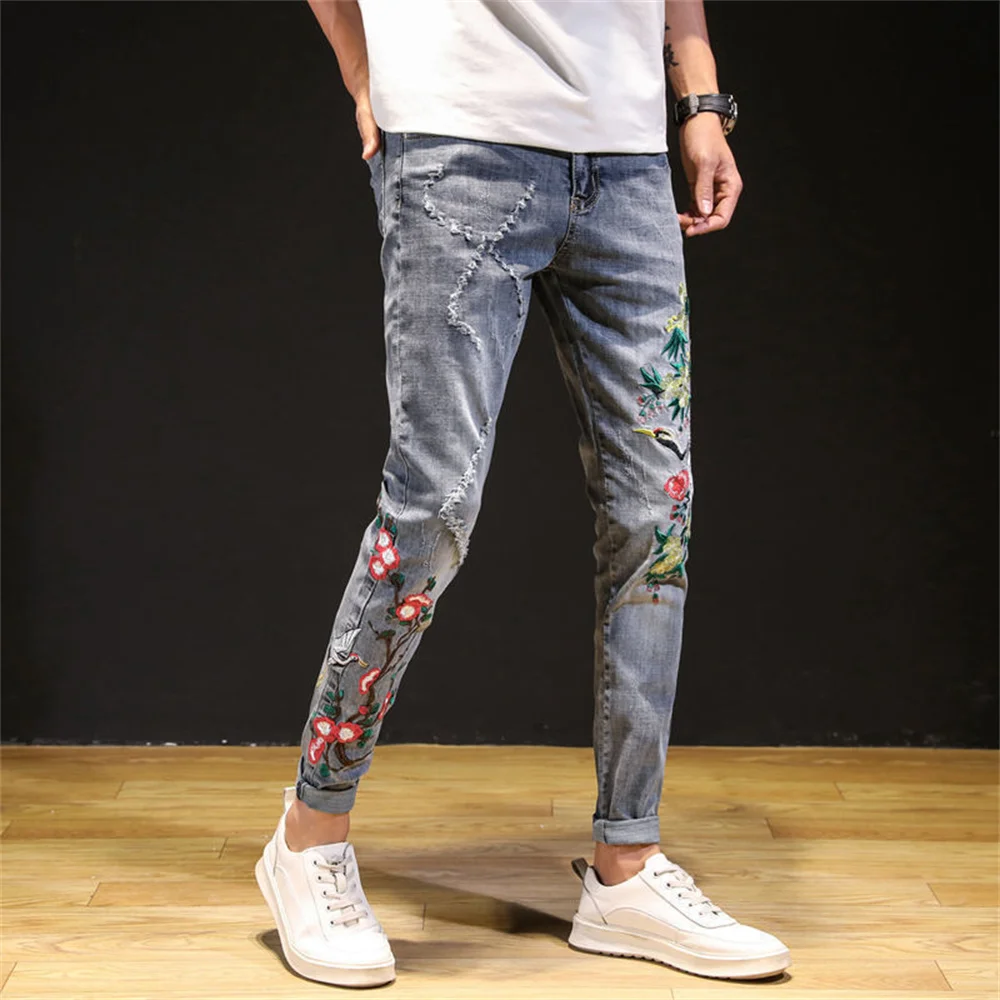 Mens slimming gray denim cotton pants low stretch prints decors jeans fashion casual pants for men pants denim jeans men