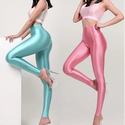 Mallas brillantes transparentes de satén para mujer, pantalones deportivos de Yoga de cintura alta, pantalones de talla grande