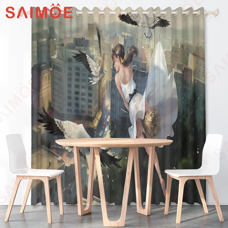 Japanese Korean Character Animation Girl Boy Curtain Couple Sunset Building Petals Thin Polyester Fabric Home Office Decorations