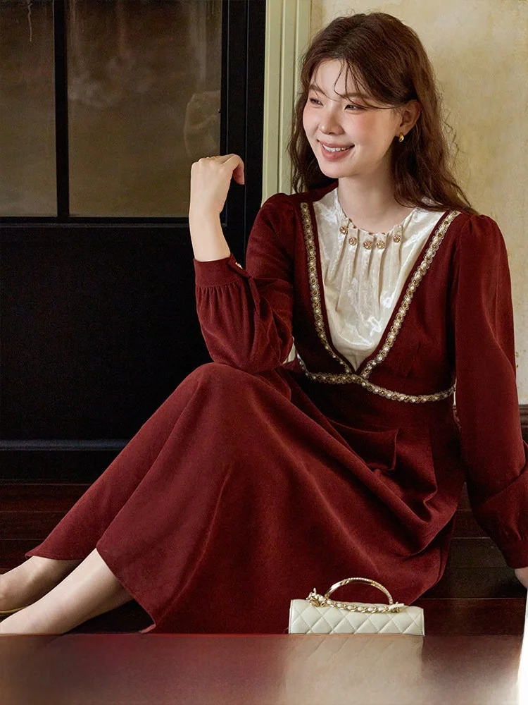 

Женское платье больших размеров Ele, осеннее новое платье для похудения, повседневное платье-стойка из полиэфирного волокна, длинное свекло