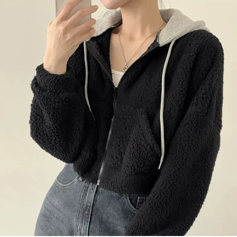 2023 Autumn Winter Street Fashion Lamb Wool Zip Up Solid Short Hoodies Women Sweet Loose Long Sleeve Hooded Sweatshirt