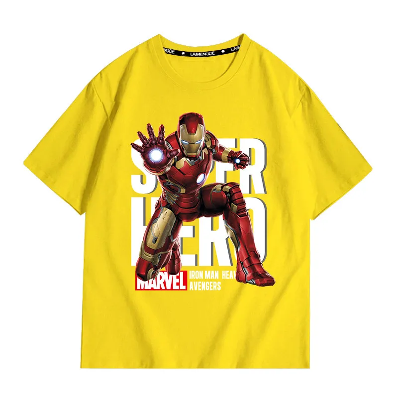 

Новая повседневная детская футболка Marvel Co Branded с короткими рукавами и принтом Железного человека, 100% чистый хлопок, круглый вырез, комплект для родителей и детей