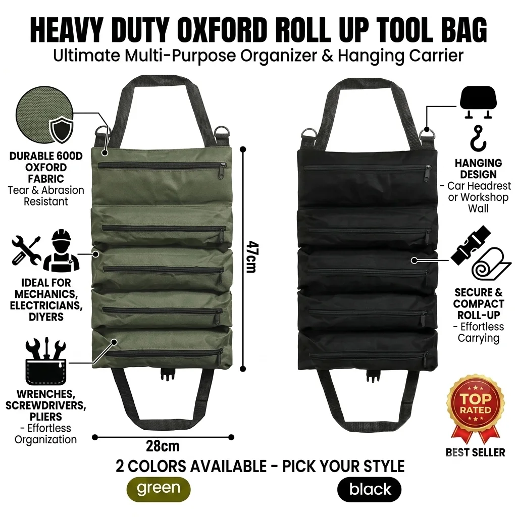 Roll Up Tool Bag Heavy Duty Oxford Multi Purpose Wrench Organizer Zipper Pouch Hanging Carrier For Mechanic Electrician