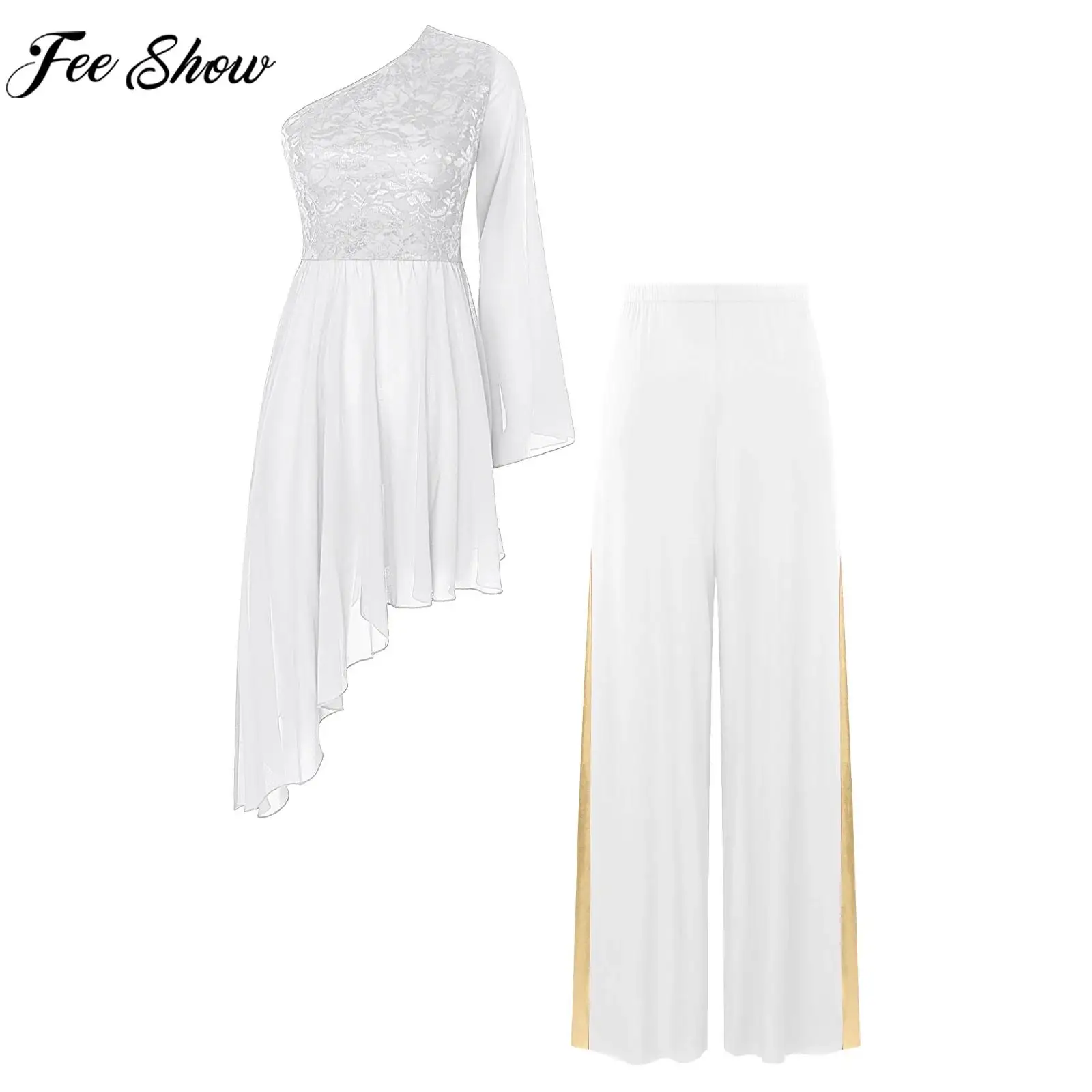 فستان نسائي من الدانتيل الزهري مع طقم بنطال واسع الساق ، فستان رقص ليتورجي ، زي عبادة الكنيسة ، غنائي حديث ، فستان رقص مدح