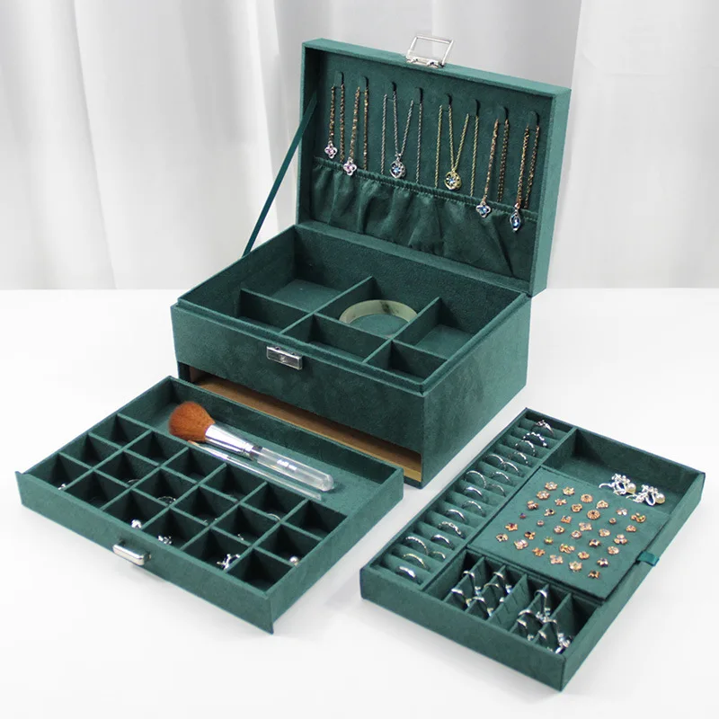 

Multi-layer velvet jewelry box with lock for storing necklaces, watches, earrings, studs and rings, large capacity.