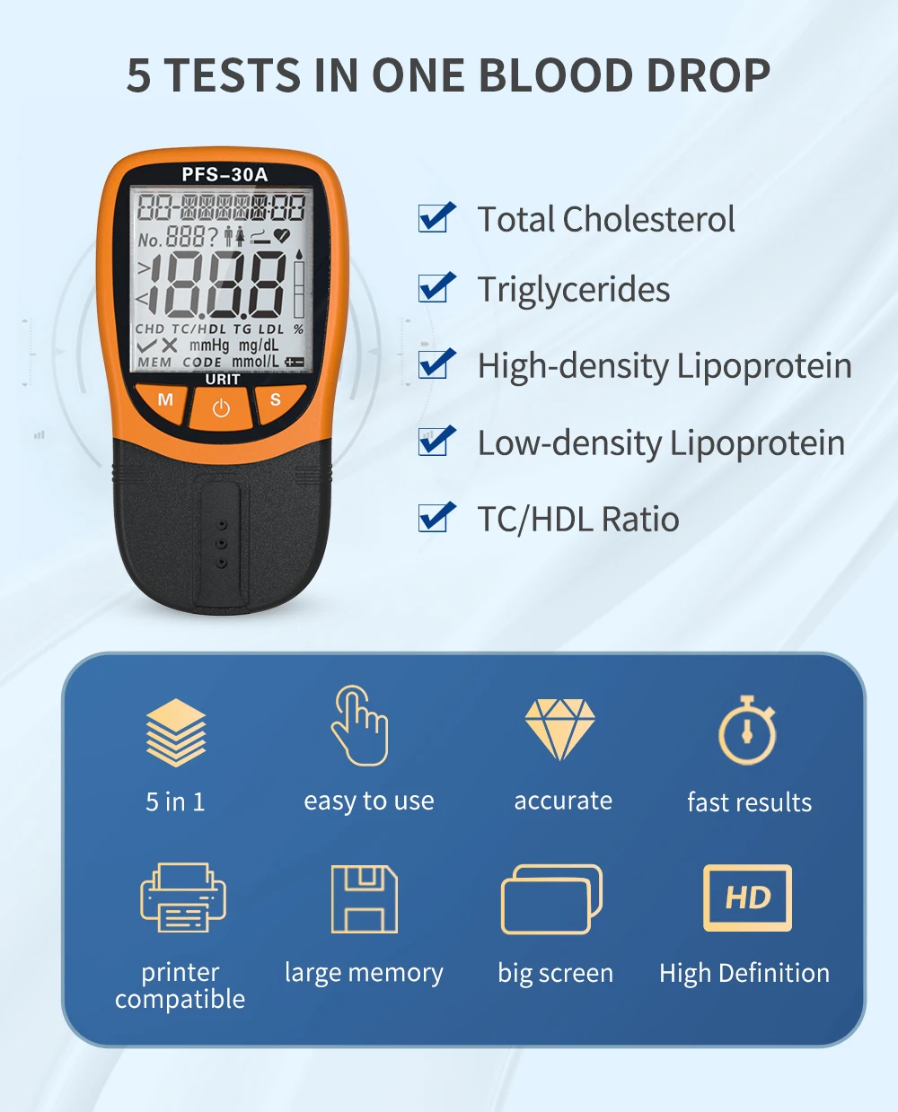 Urit 5 In 1 PFS-30A Lipid Profile Meter Total Cholesterol Triglyceride Density Lipoprotein Glucose Blood Sugar Test Analyzer&