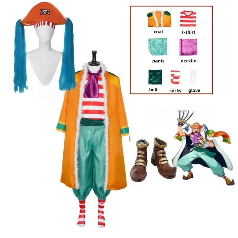 Anime Buggy Cosplay Costume Bara Bara No Mi Chop-Chop Fruit Wig Hat Yellow Cloak Stripe T-shirt Shoes Adult Man Christmas Suit