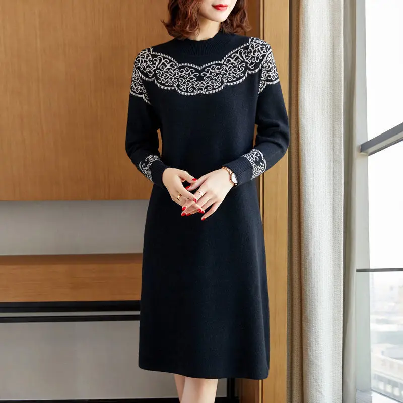 

Винтажное вязаное платье миди с принтом для поездок на работу, женская одежда, с высоким воротником, осень-зима, повседневное стильное платье с винтовой резьбой XQ169