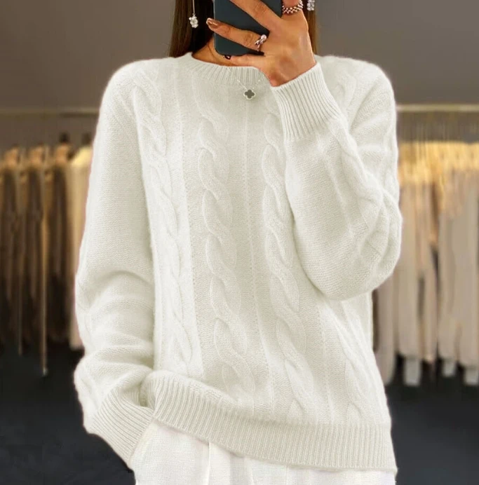 Women's Fashion Round Neck Solid Knit Upper Vintage Fried Dough Twists Pullover Sweater New Winter Female Casual Clothing