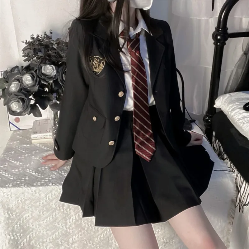 Japanese School Uniform JK Suit Girls Long Blazer Skirt White Shirt Three-piece Women Black Spring Autumn Suit Sailor Suit