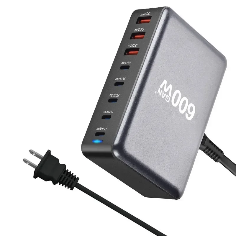 New 600W GaN Fast Charge 3.0 USB-C Charger with 8 Ports 5C3A PD, Portable and Suitable for Tablets