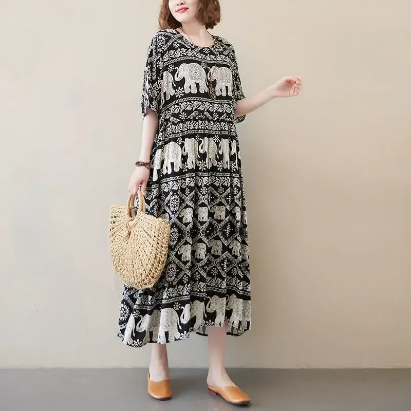 Summer ethnic style cotton and silk printed big swing dress, loose retro casual short-sleeved long dress