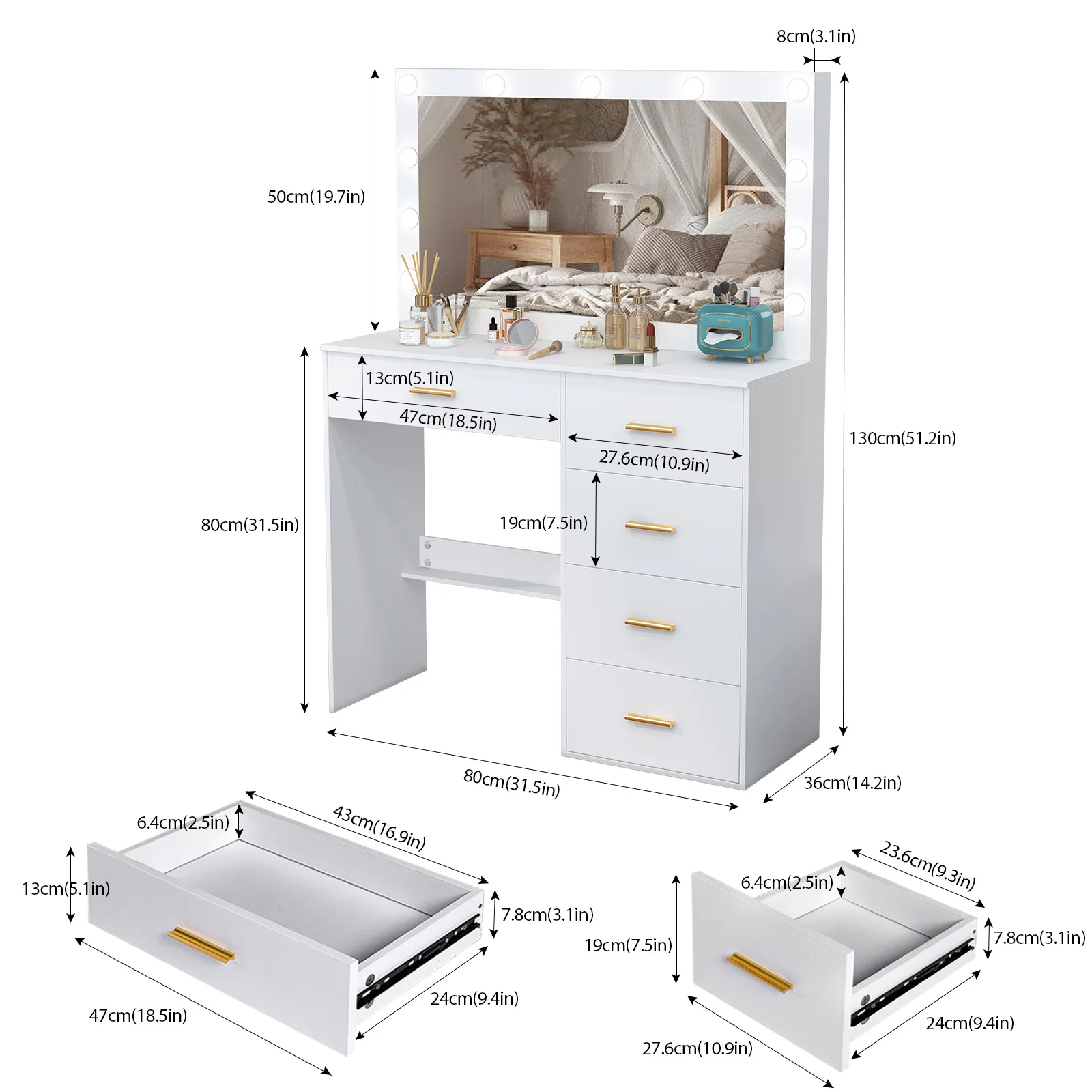طاولة تزيين بيضاء مع مرآة هوليوود كبيرة 11 لمبة LED للمكياج والمكتب #6