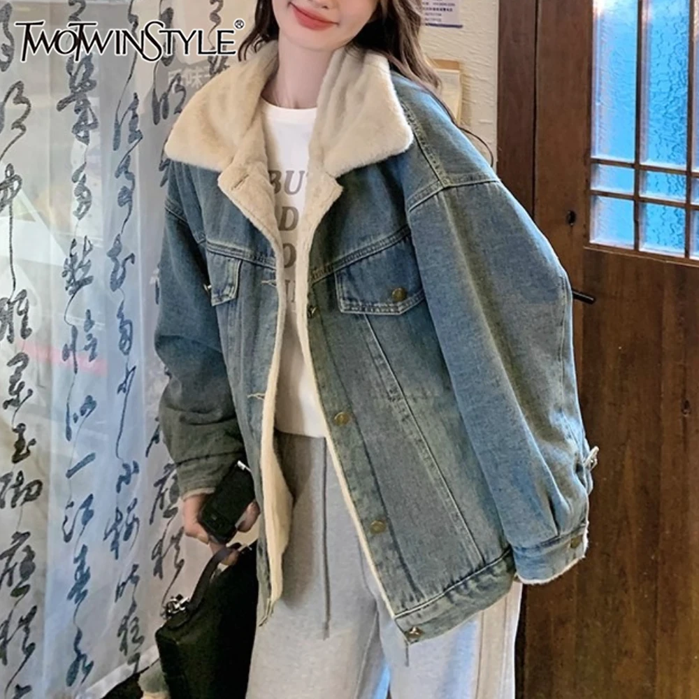 

TWOTWINSTYLE Blue Spliced Pocket Korean Jacket Female Lapel Long Sleeve Loose Design Streetwear Women's Jackets Autumn Fashion