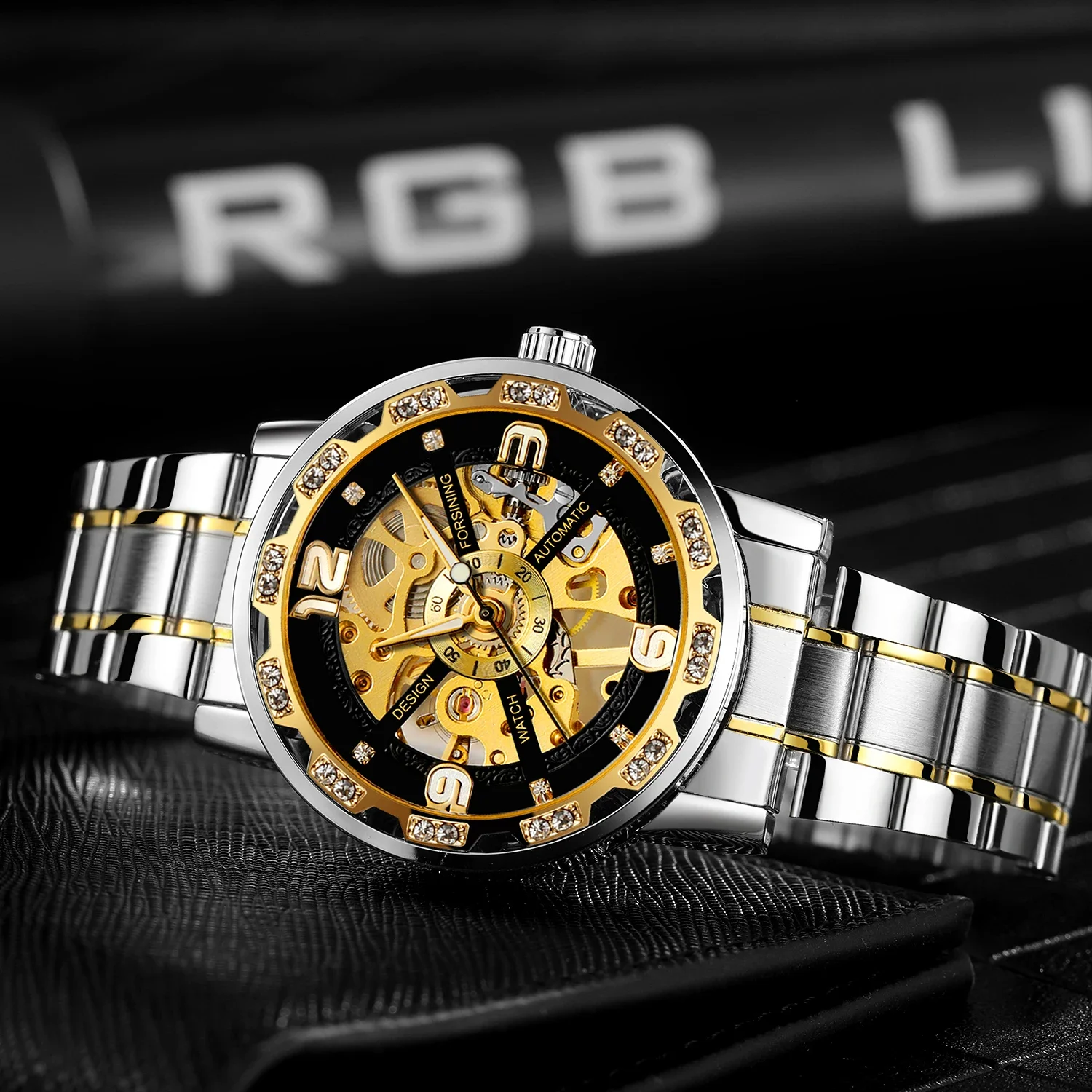 FORSINING النقش الفاخرة الرجال الهيكل العظمي ساعات آلية حجر الراين مؤشرات مضيئة كول الصلب موضة عادية رجل ساعة اليد