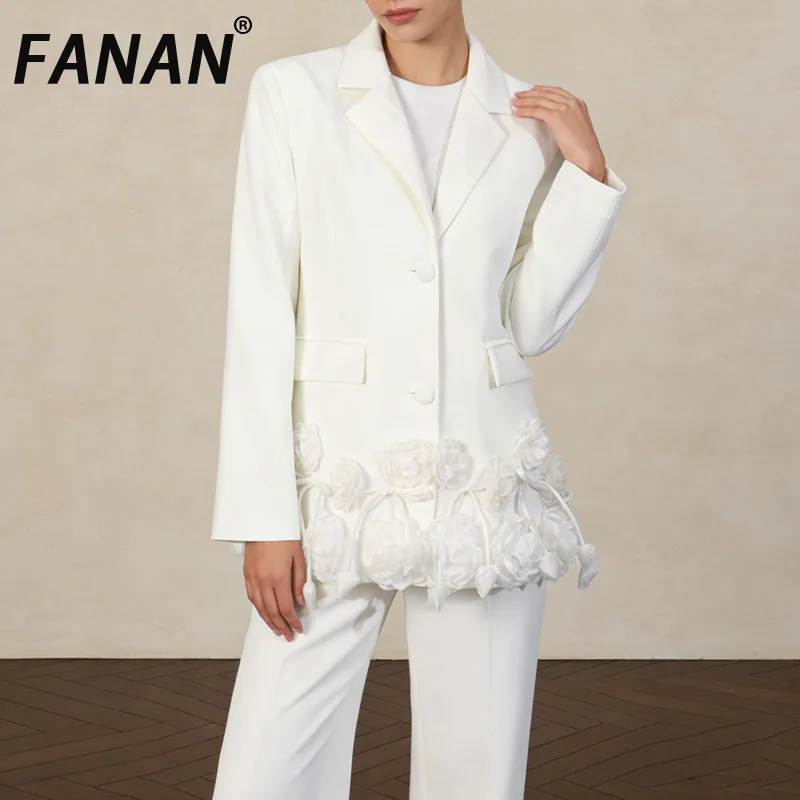FANAN Solid Spliced 3D Flowers Minimalist Jacket Female Lapel Long Sleeve Loose High End Women's Jackets Fashion Spring 2026 New