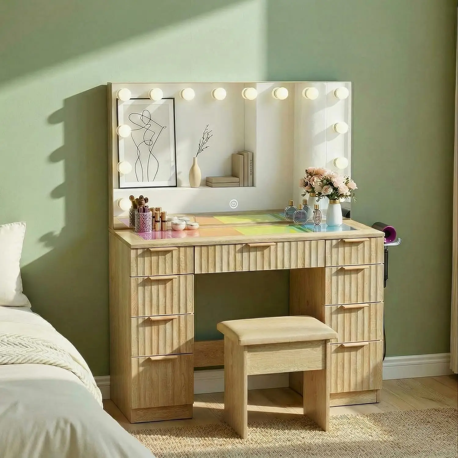

Vanity with Mirror and Lights, 43" Makeup Vanity Desk with LED Light, Glass Top Vanity with RGB Drawers, 3 Color, Customized