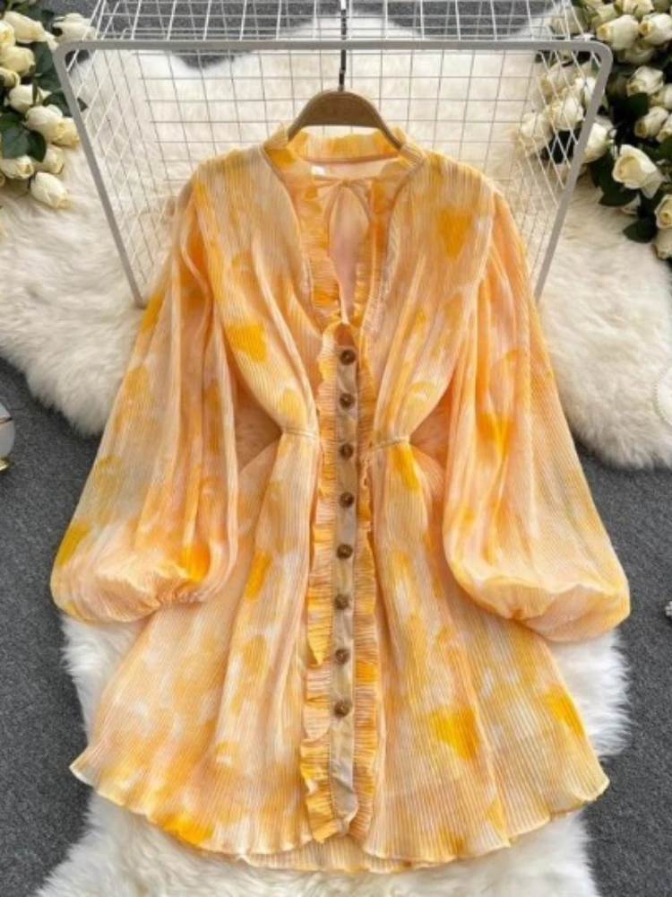 Beach Summer Vintage Printed Dress for Women New Bubble Sleeves Slim Wooden Ear Lace Up A Line Boho Short Dress