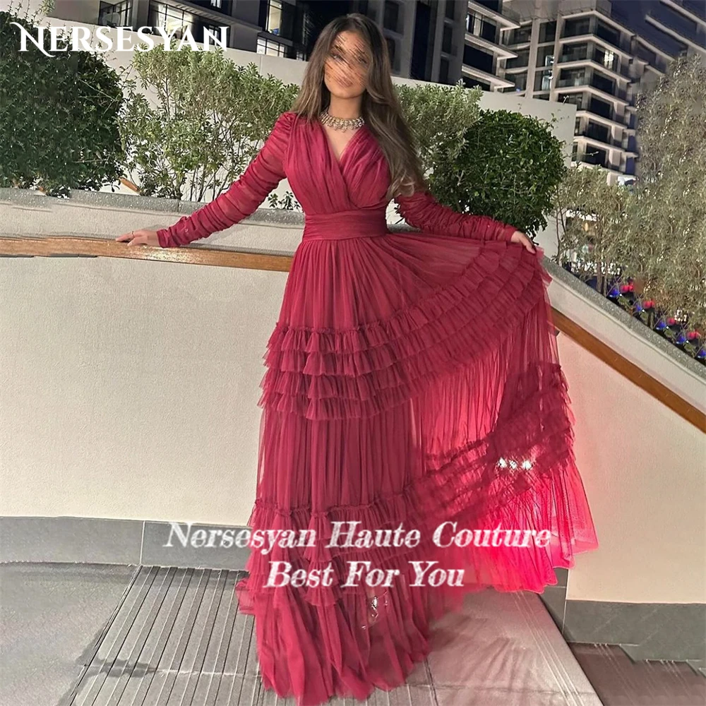 Nersesyan Pleats Solid Formal Prom Dresses V-Neck A-Line Floor Length Evening Dress Triered Ruching Pageant Wedding Party Gowns