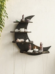 30/39cm Black Moon Wall Shelves 4-tier Wood Floating Wall Shelf Gothic Home Decor Crystal Shelf Display Ledge Essential Oil Rack
