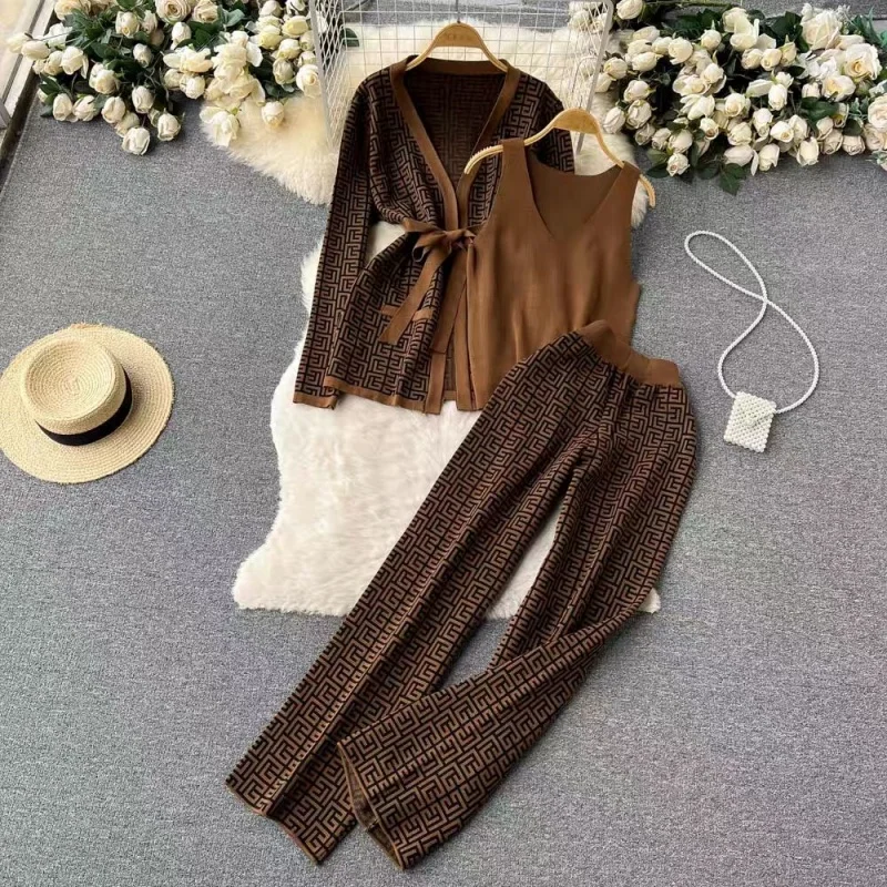 Conjunto casual de três peças para mulheres, malha cardigan top, cintura alta e calças de perna larga, temperamento elegante e casual