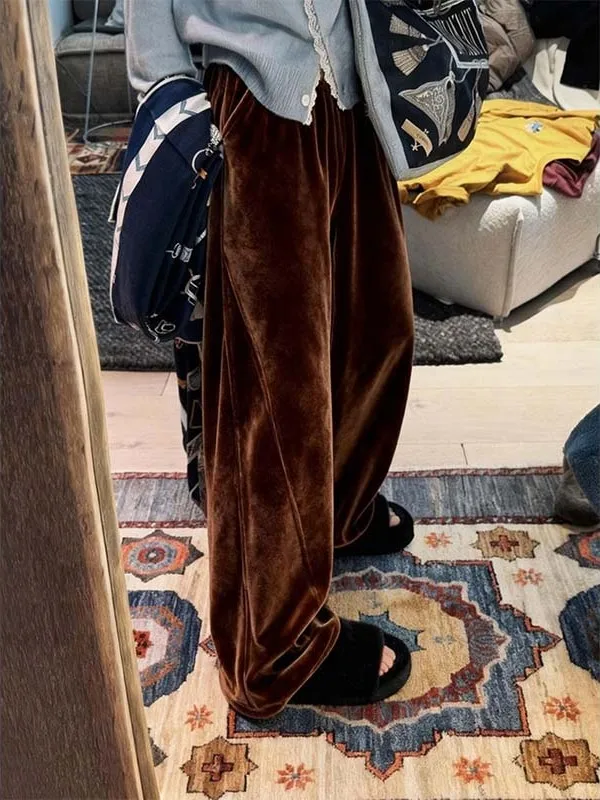 

Ретро-брюки из бархата с широкими штанинами, женские свободные прямые повседневные брюки, теплые универсальные брюки для осени и зимы, новинка