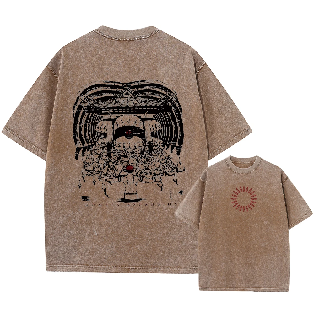 Hip Hop Vintage Washed Sand Color T-Shirt Anime Jujutsu Kaisen Graphic T Shirt Men Harajuku Cotton Casual Short Sleeve Tshirt