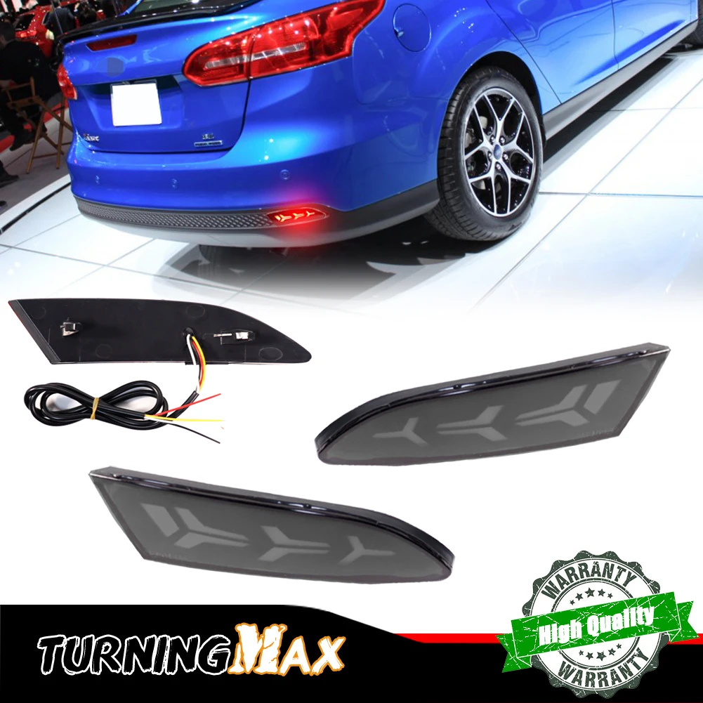 3-in-1 Red LED Rear Bumper Reflector Lights Tail Brake, Rear Fog Light & Sequential Turn Signal Lights For 2012-2014 Ford Focus