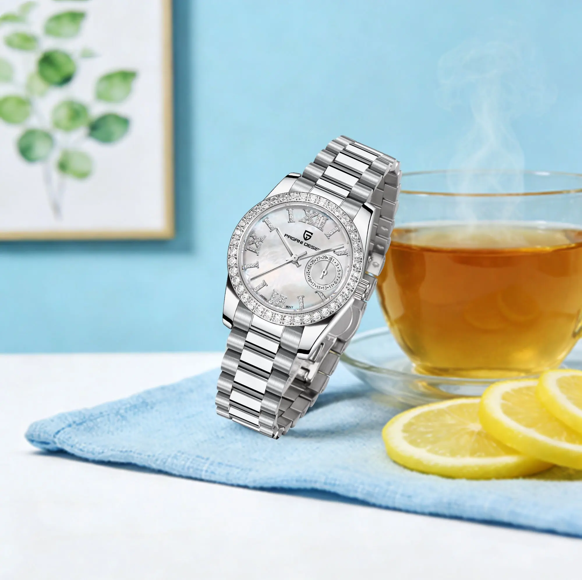 PAGANI DESIGN Minimalist Elegance Ladies Quartz Watch Stainless Steel Diamond Bezel Sapphire Crystal 100m Diving Calendar Reloj view 3