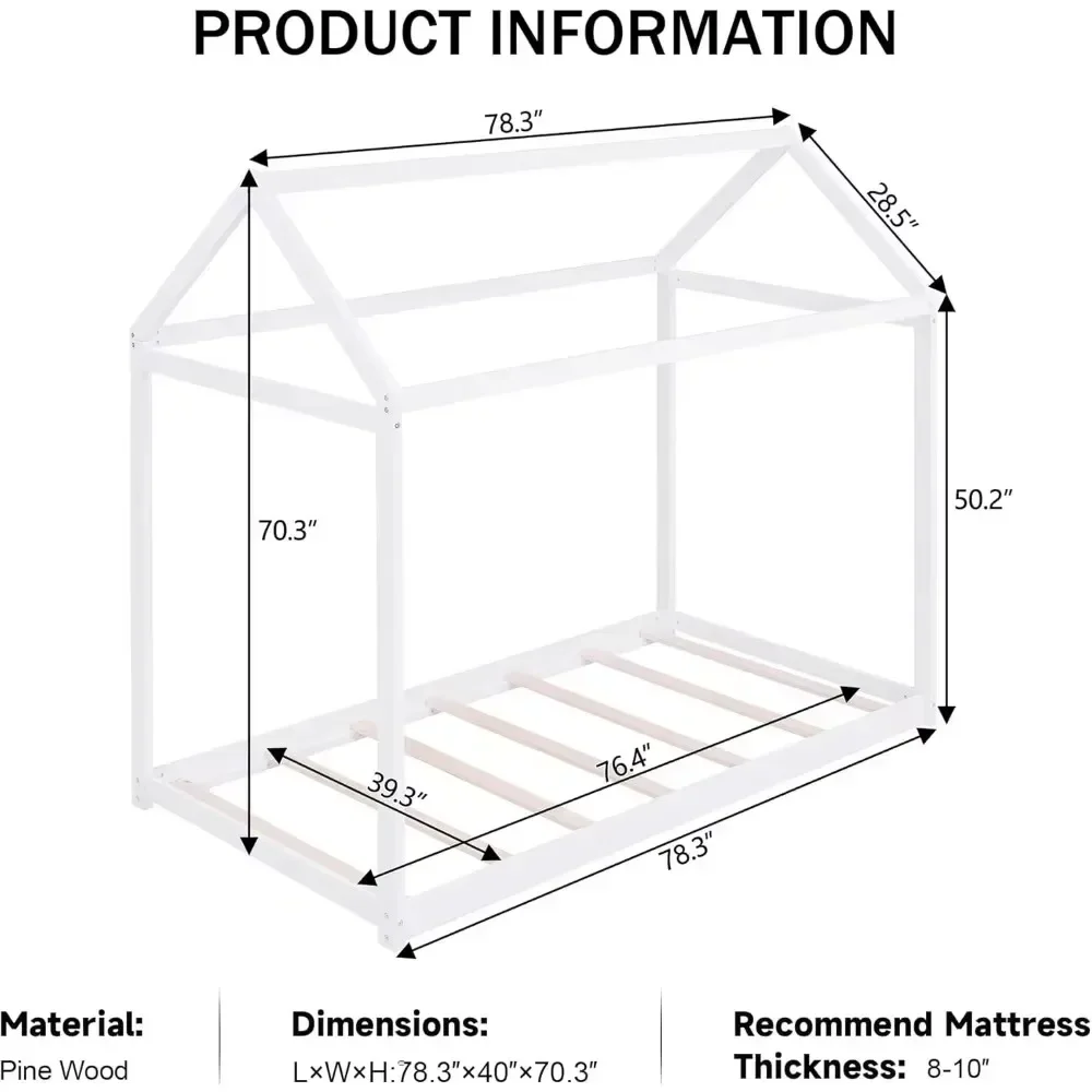 Bunk Beds, Floor Bed with Wood Slats, No Box Spring Needed, Twin Size, White Furniture Bedroom Bed for Girls Loft