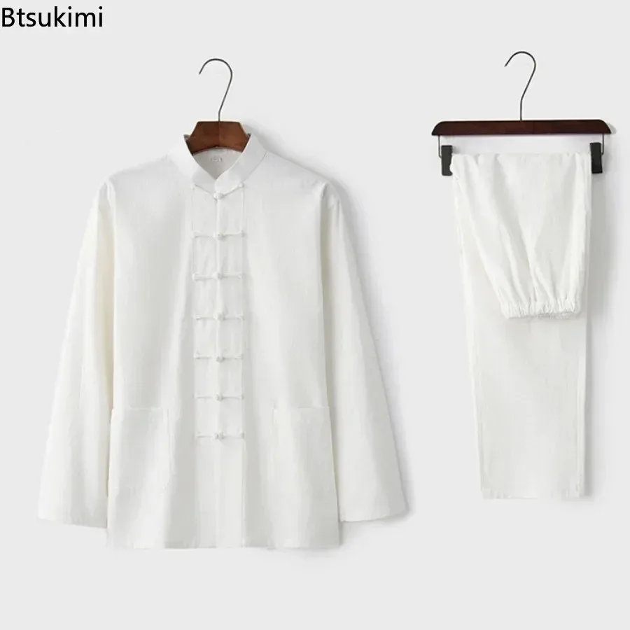 

Vintage Men's Tang Suit Loose Casual Cotton Linen Stand Collar Shirt Top Pants Sets Chinese Traditional Clothes Man Hanfu Outfit