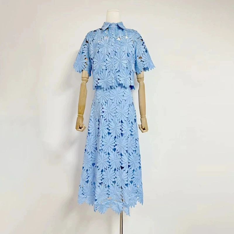 

Embroidery Two Piece Sets Women Elegant Hollow Out Crochet Sexy Crop Top A Line Midi Skirts Suits 2 Pcs Outfit Lace Long Dresses