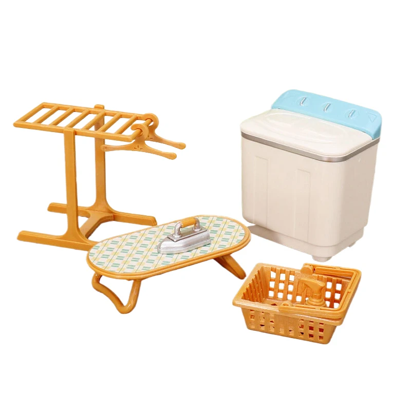 1 Set 1:12 Dollhouse Miniature Washing Machine Kit Clothes Drying Rack Iron Laundry Set Decor Toy Doll Furniture Kid's  Toy