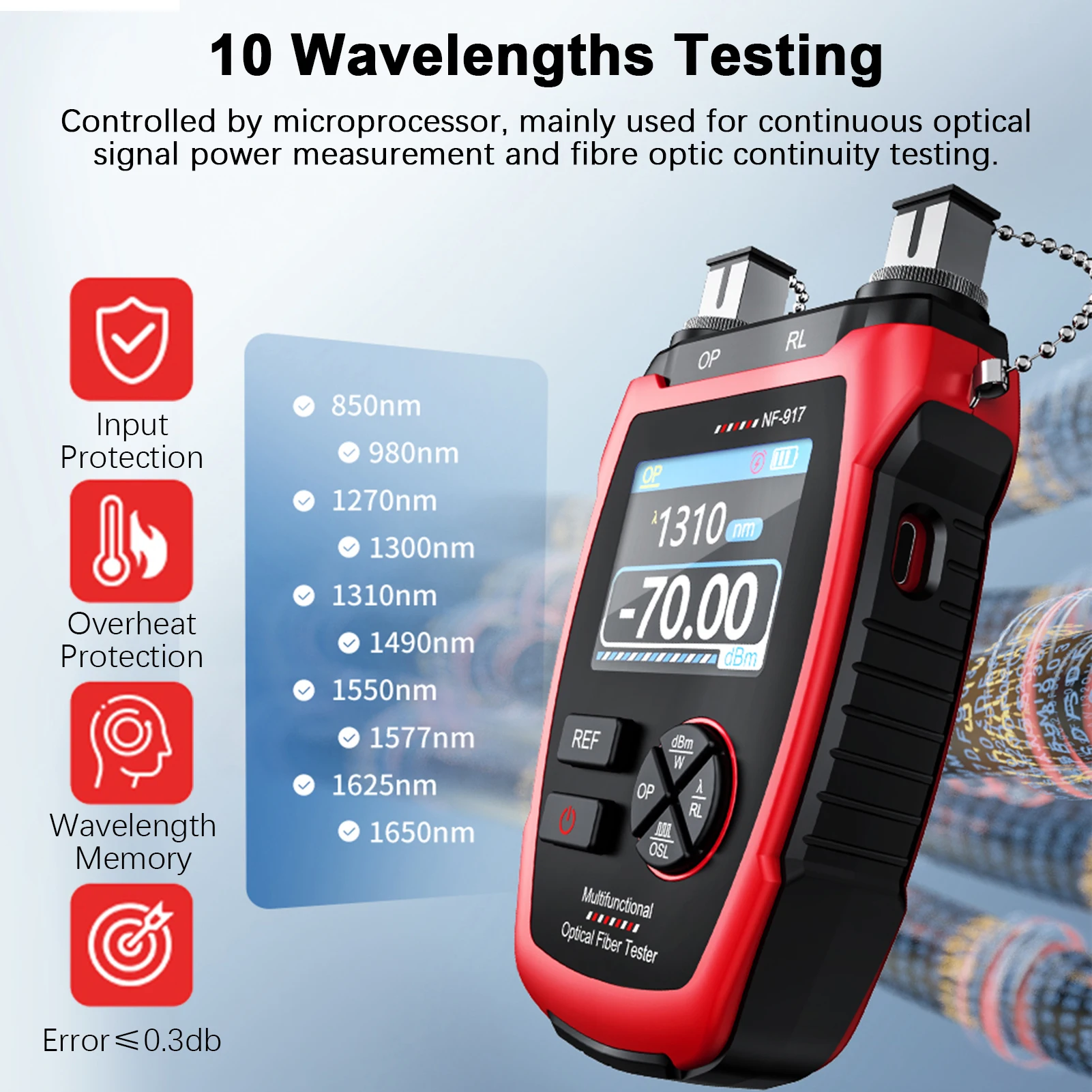 NF-917 مقياس الطاقة الضوئية مع الضوء الأحمر، 10 أطوال موجية، موصل FC SC، جهاز اختبار الألياف الضوئية مع توهين ألياف شاشة LCD #1