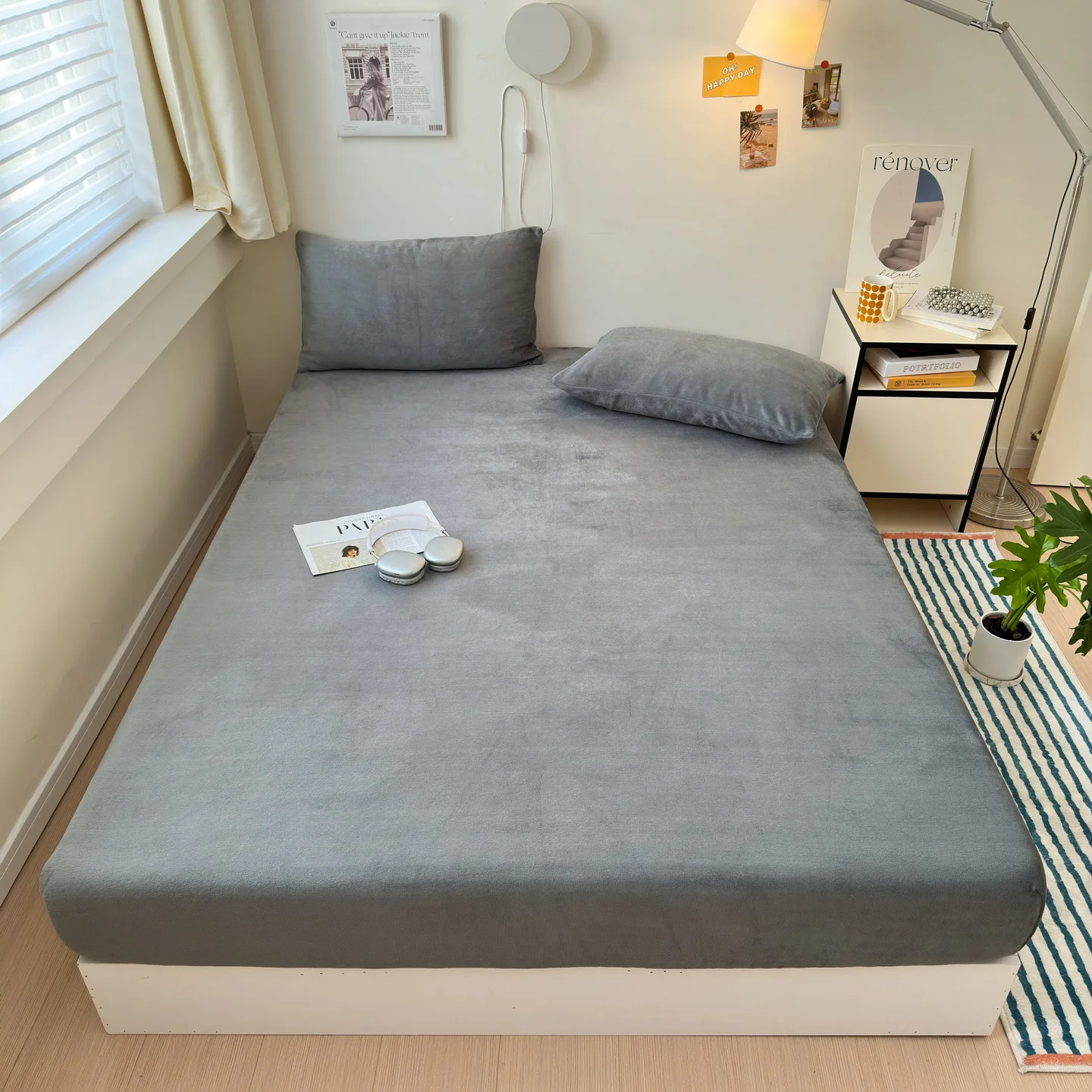 Solid Flannel Fitted Sheet, Cozy Fuzzy Warm Plush Mattress Cover, Non-Shedding Secure Fit No Shifting Soft Bed Fitted Sheet