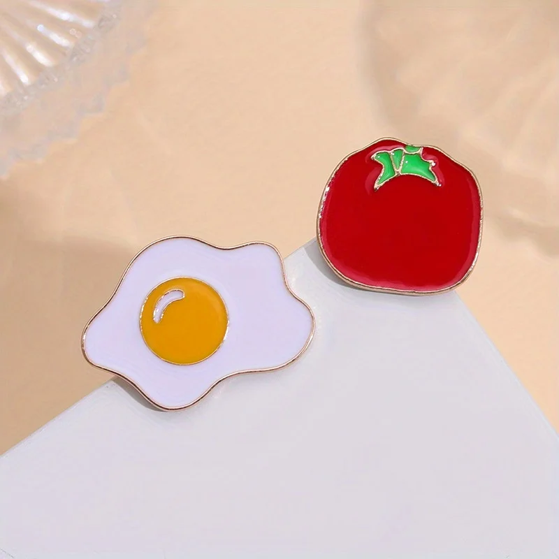 Creative Cartoon Food Series Tomato, Pouch, Egg Shaped Fun Metal Badge Fashion Versatile Clothing