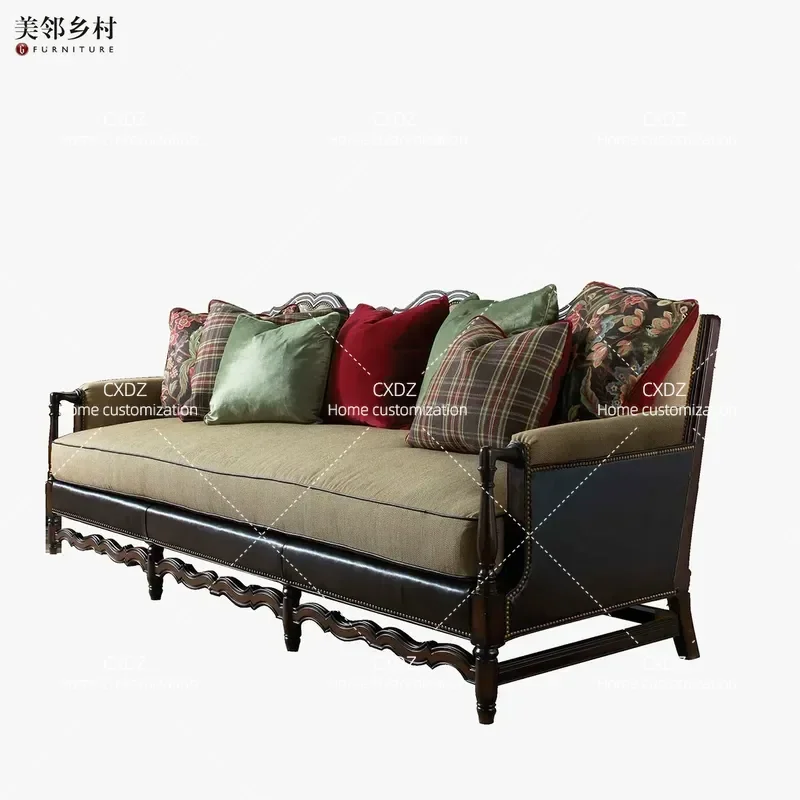 Nostalgic Retro Solid Wood Fabric Cowhide 3 Seater Sofa Living Room Bedroom Couch Exquisite