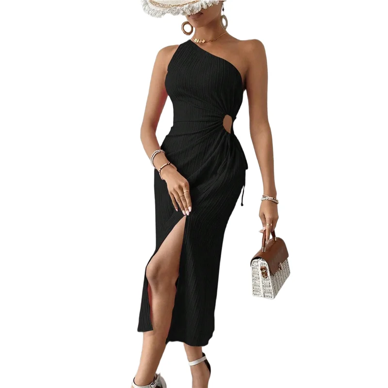 【SEE】レディース ワンショルダー サンドレス カットアウト ハイ スプリット ノースリーブ ミディ サマードレス