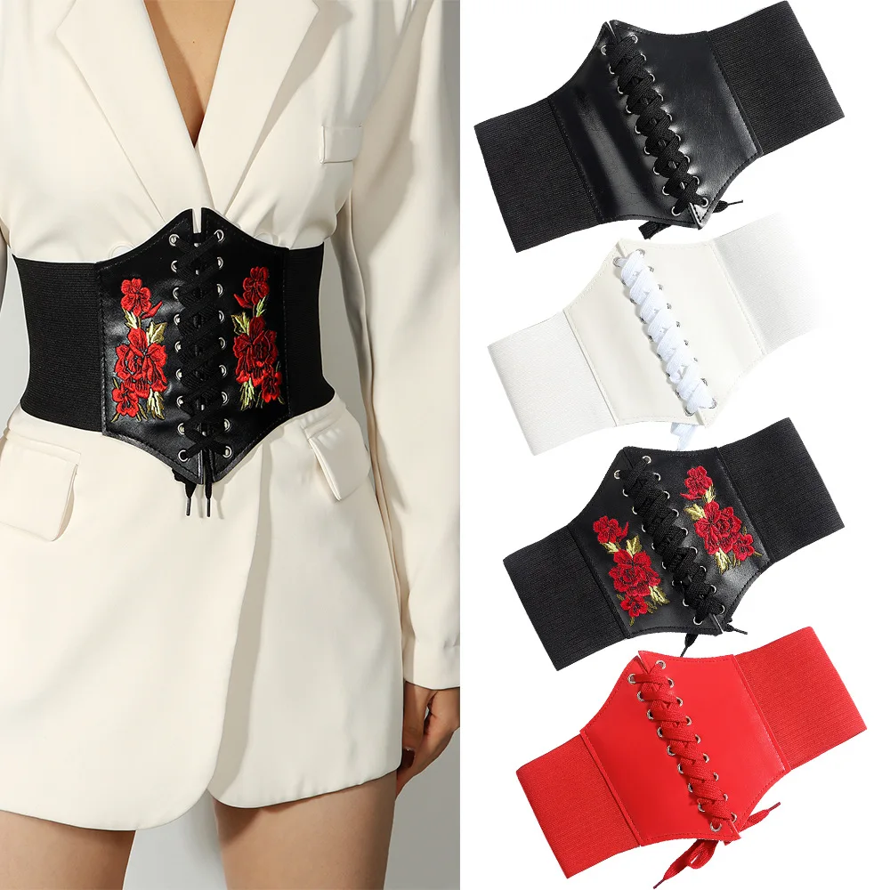 Embroidered Rose Women's Girdle Waist Seal European and American-style Belt with dress Loose Wide  Decorative Coat Belt